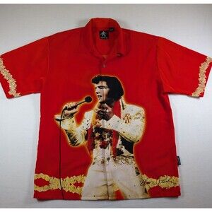 RARE Vintage Elvis Presley Dragonfly Red Hawaiian Button Up Shirt XL